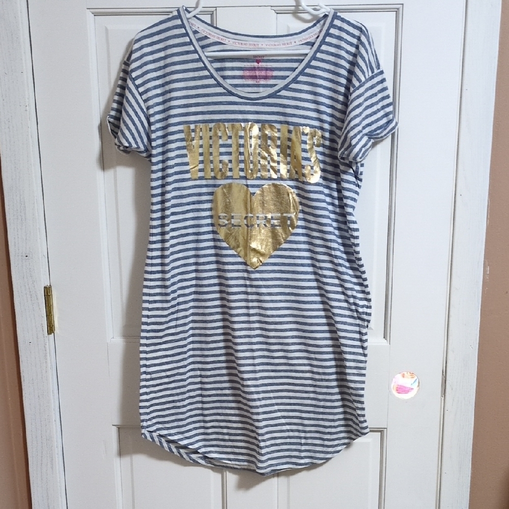 Victoria's Secret Medium Blue Striped Sleep Tee with Gold Heart